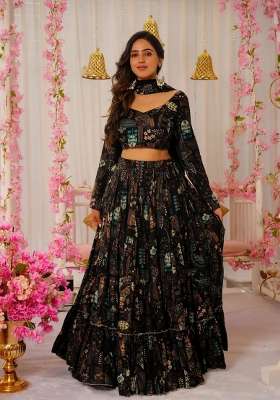 Black Printed Chinon Lehenga Set