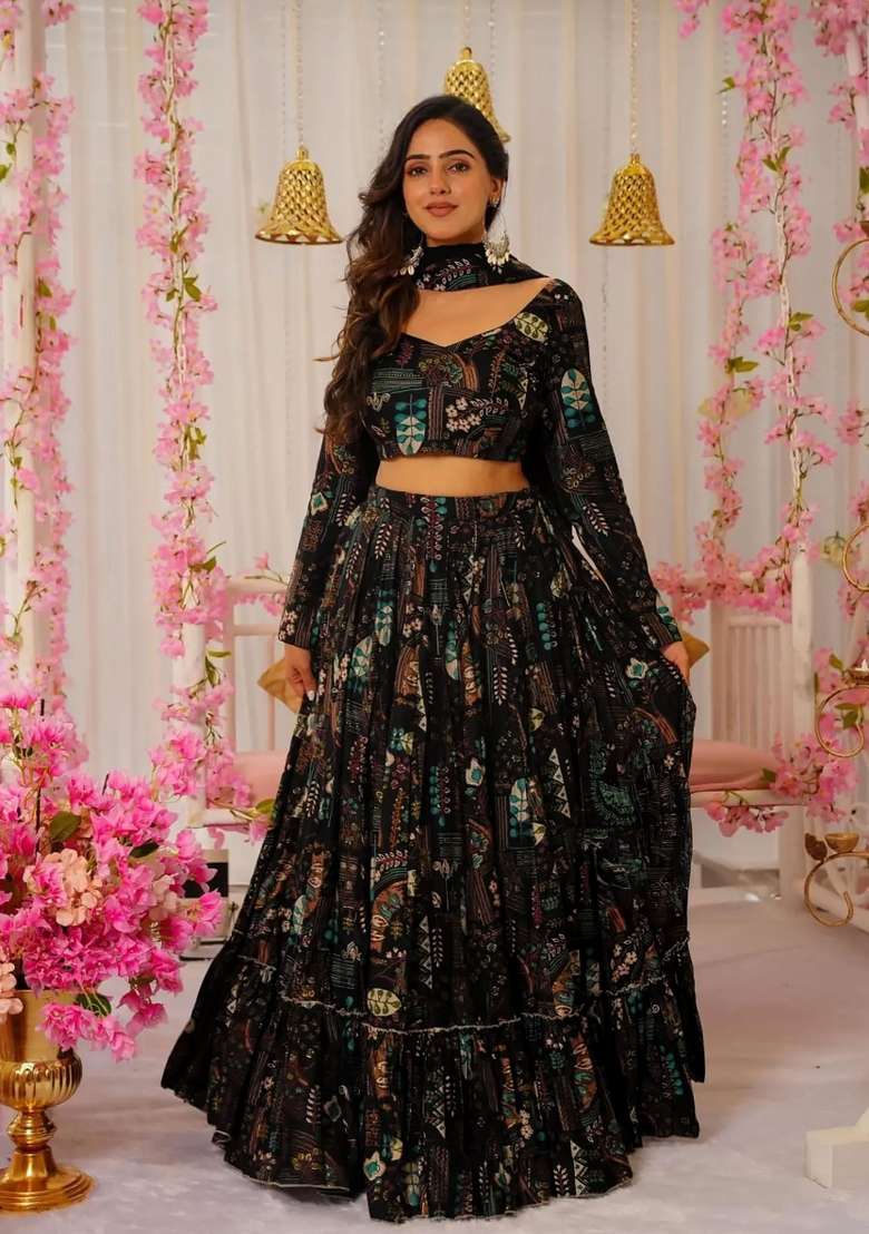 Black Printed Chinon Lehenga Set - Indya