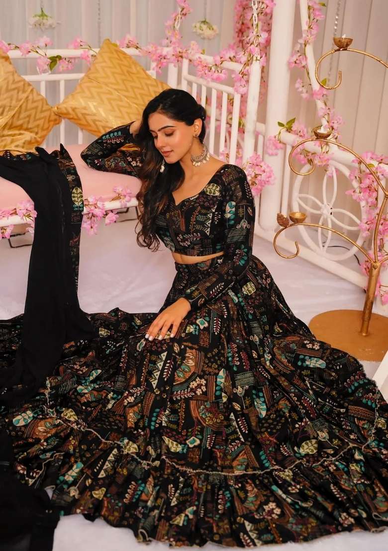 Black Printed Chinon Lehenga Set - Indya