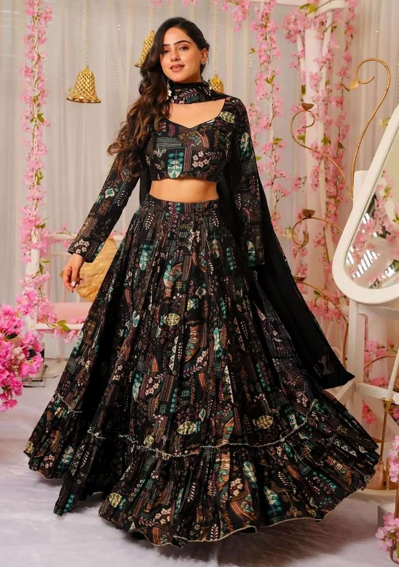 Black Printed Chinon Lehenga Set - Indya