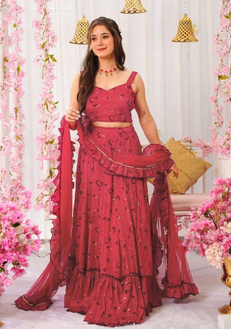 Rani Pink Printed Chinon Lehenga Set - Indya