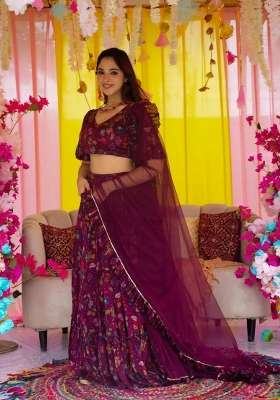 Magenta Printed Chinon Lehenga Set