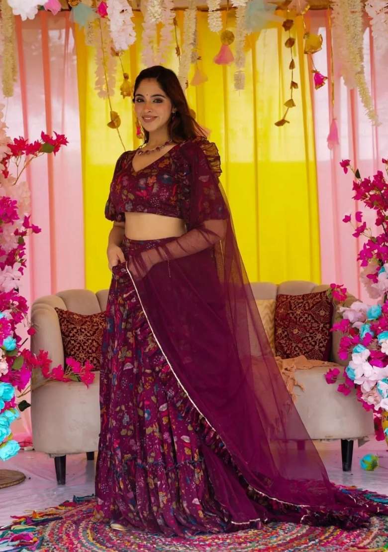 Magenta Printed Chinon Lehenga Set - Indya