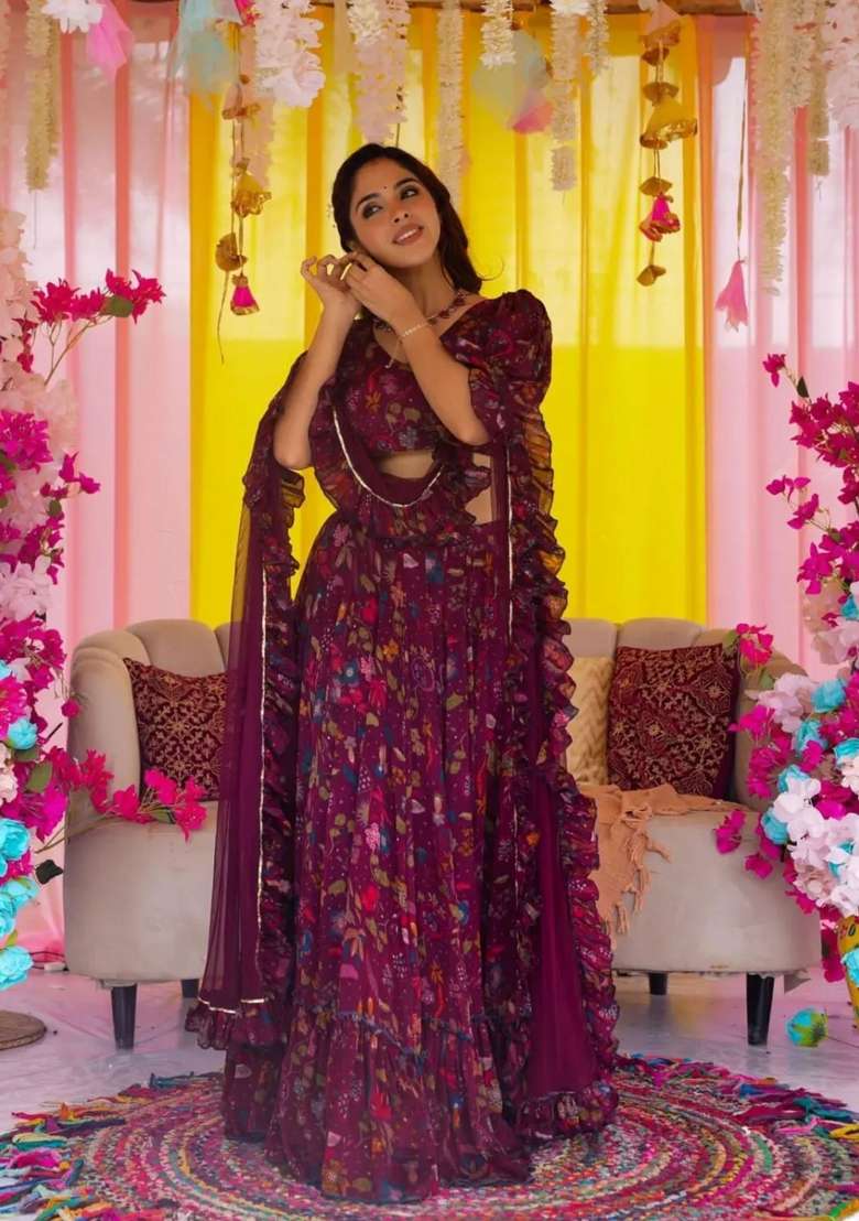Magenta Printed Chinon Lehenga Set - Indya