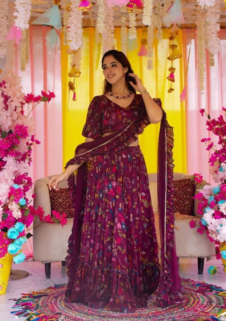 Magenta Printed Chinon Lehenga Set - Indya