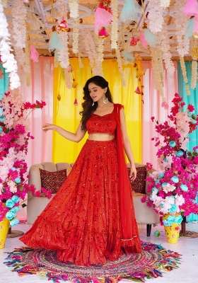 Orange Printed Chinon Lehenga Set