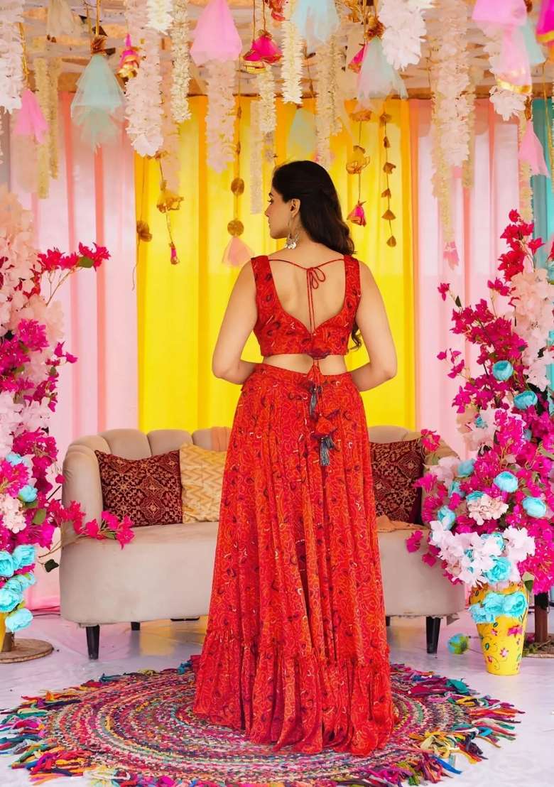 Orange Printed Chinon Lehenga Set - Indya