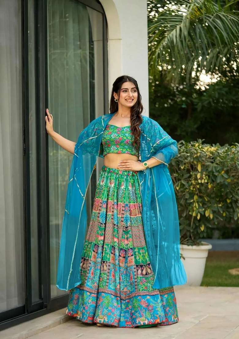 Sea Green Printed Silk Lehenga Set - Indya