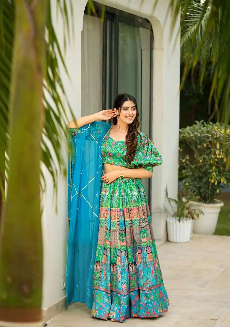 Sea Green Printed Silk Lehenga Set - Indya