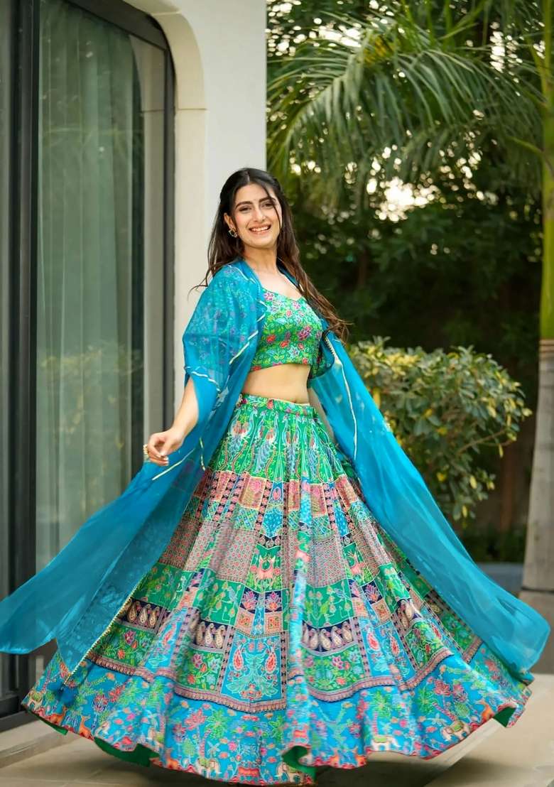 Sea Green Printed Silk Lehenga Set - Indya