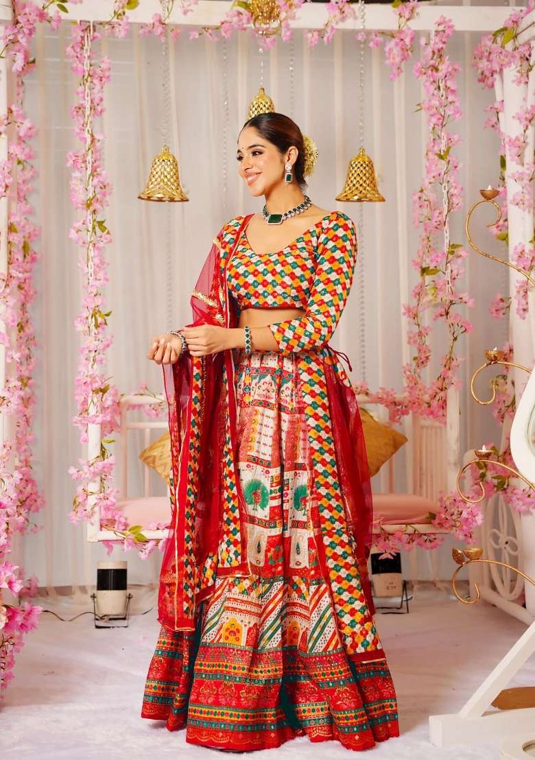 Multicolor Printed Silk Lehenga Set - Indya