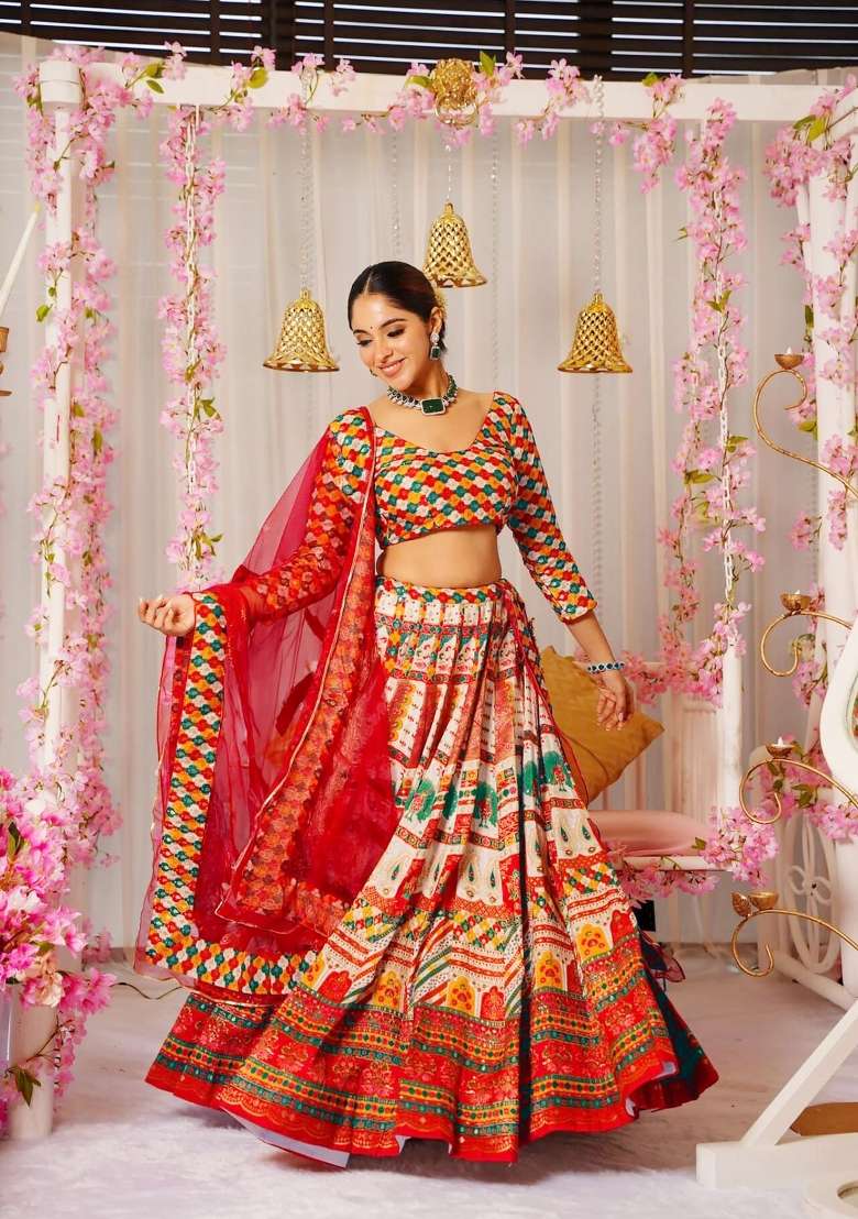 Multicolor Printed Silk Lehenga Set - Indya