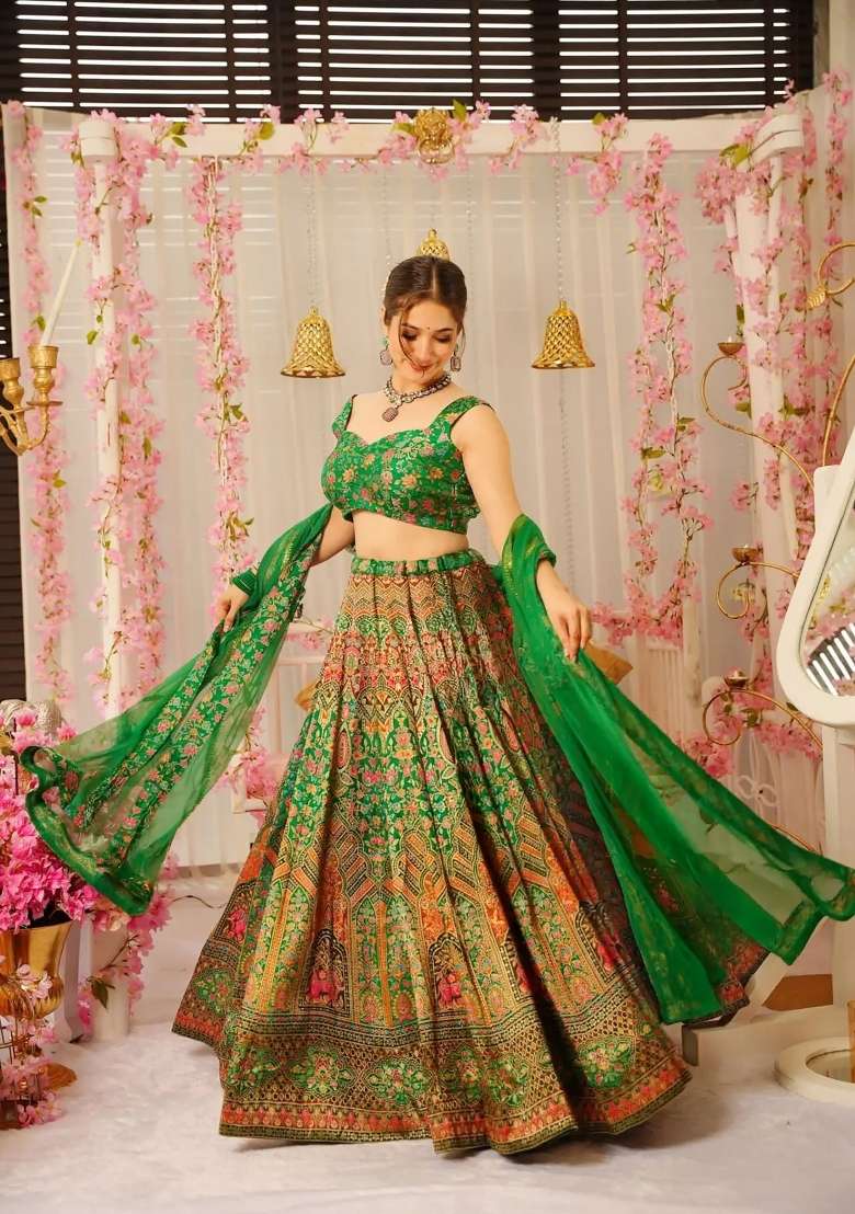 Green Printed Silk Lehenga Set - Indya