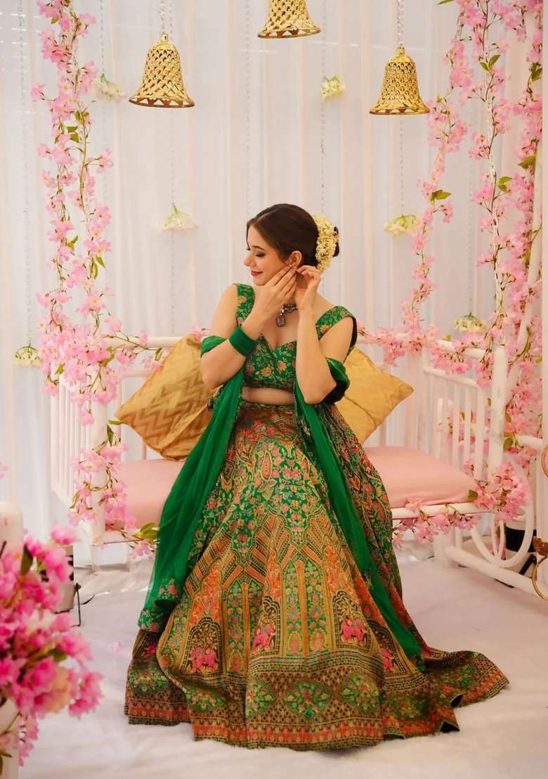 Green Printed Silk Lehenga Set - Indya