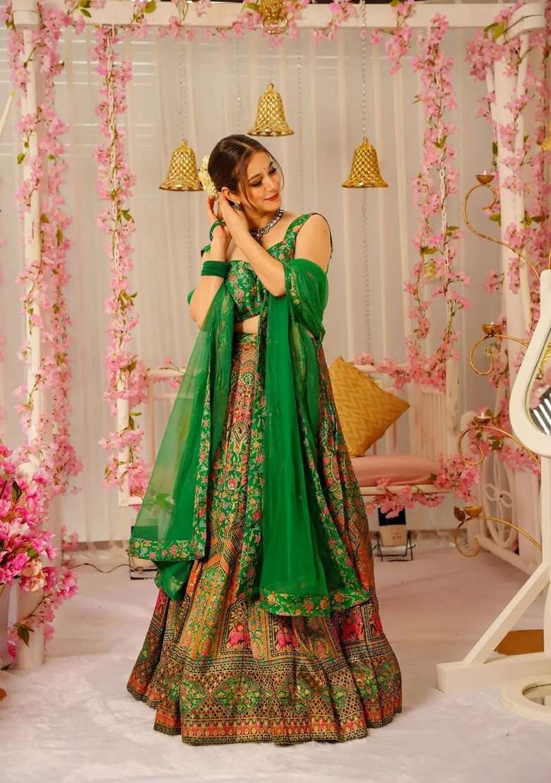 Green Printed Silk Lehenga Set - Indya