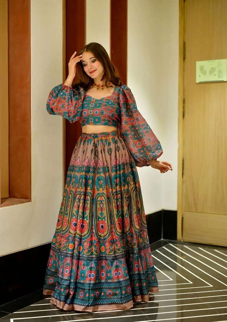 Multicolor Printed Silk Lehenga Set - Indya