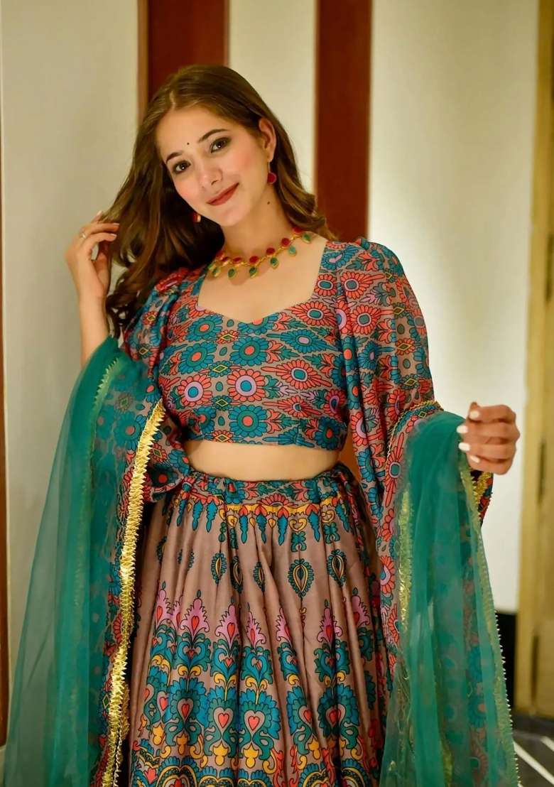 Multicolor Printed Silk Lehenga Set - Indya