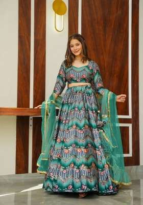 Rama Green Printed Silk Lehenga Set