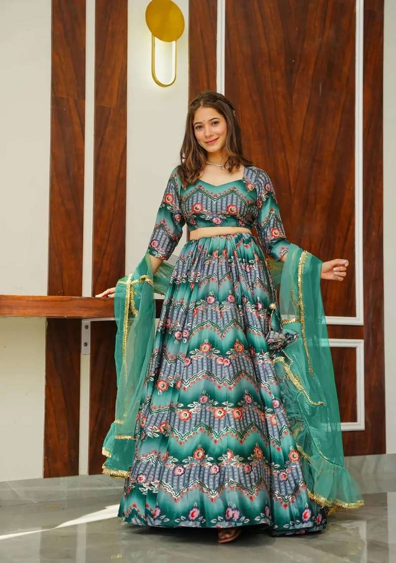 Rama Green Printed Silk Lehenga Set - Indya