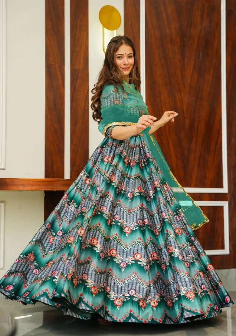 Rama Green Printed Silk Lehenga Set - Indya