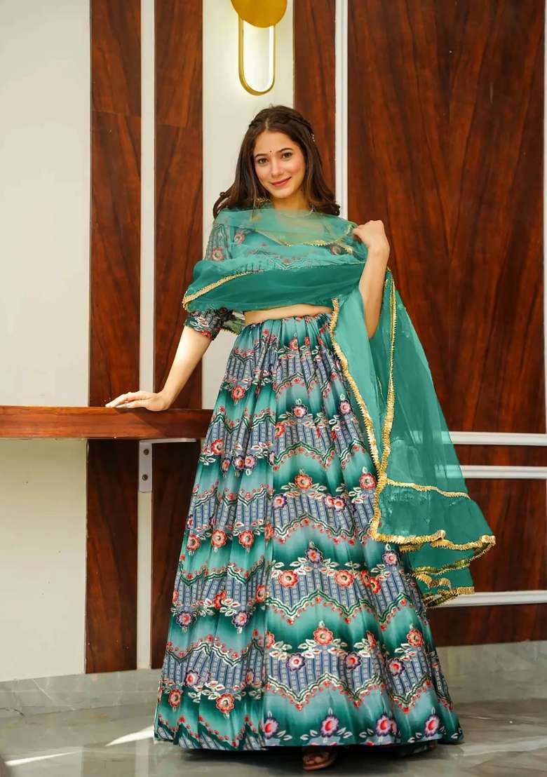 Rama Green Printed Silk Lehenga Set - Indya