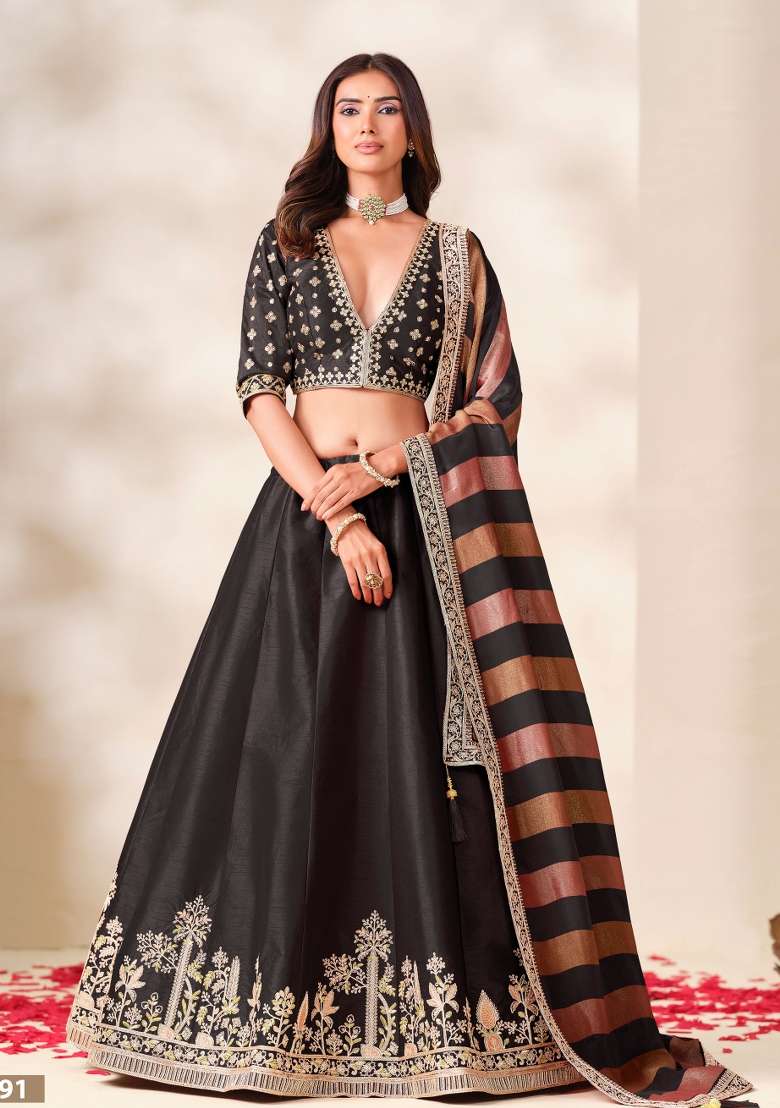 Black Embroidery Silk Lehenga Set - Indya