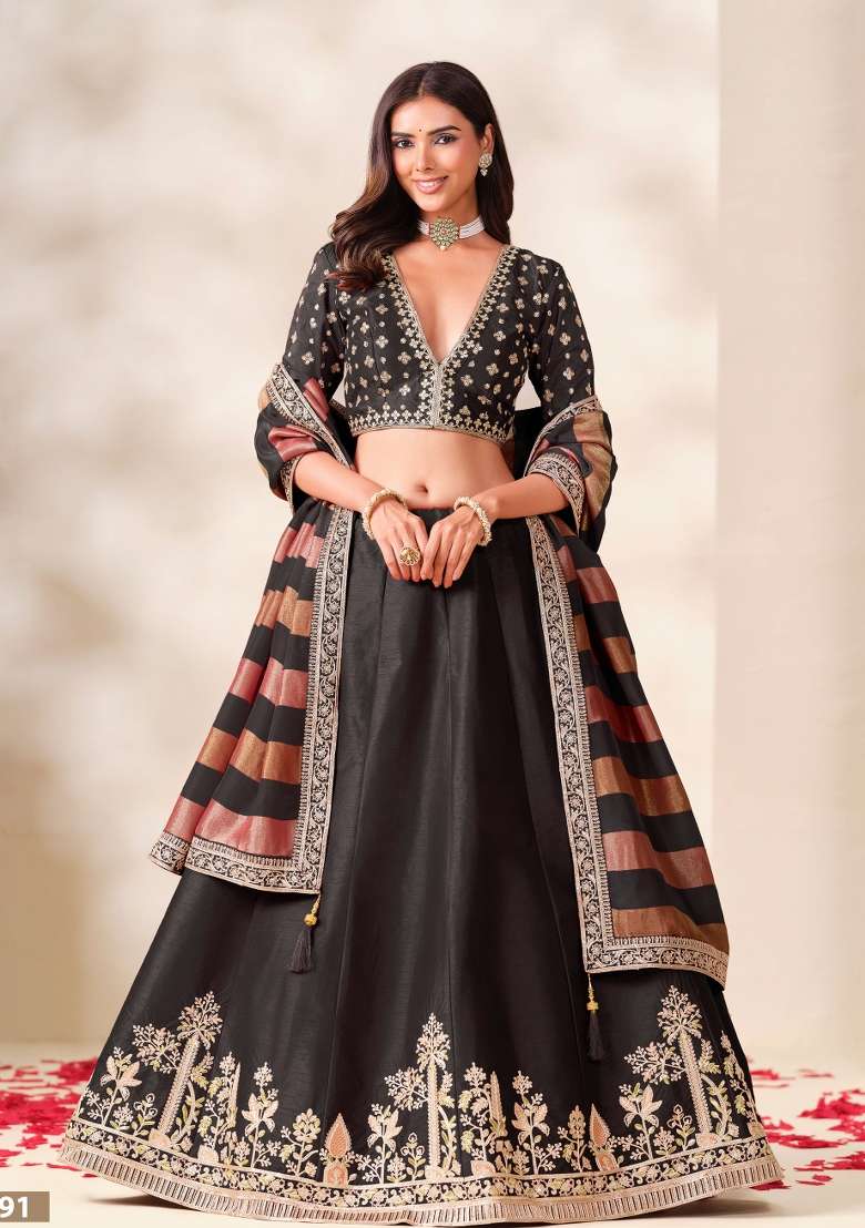 Black Embroidery Silk Lehenga Set - Indya