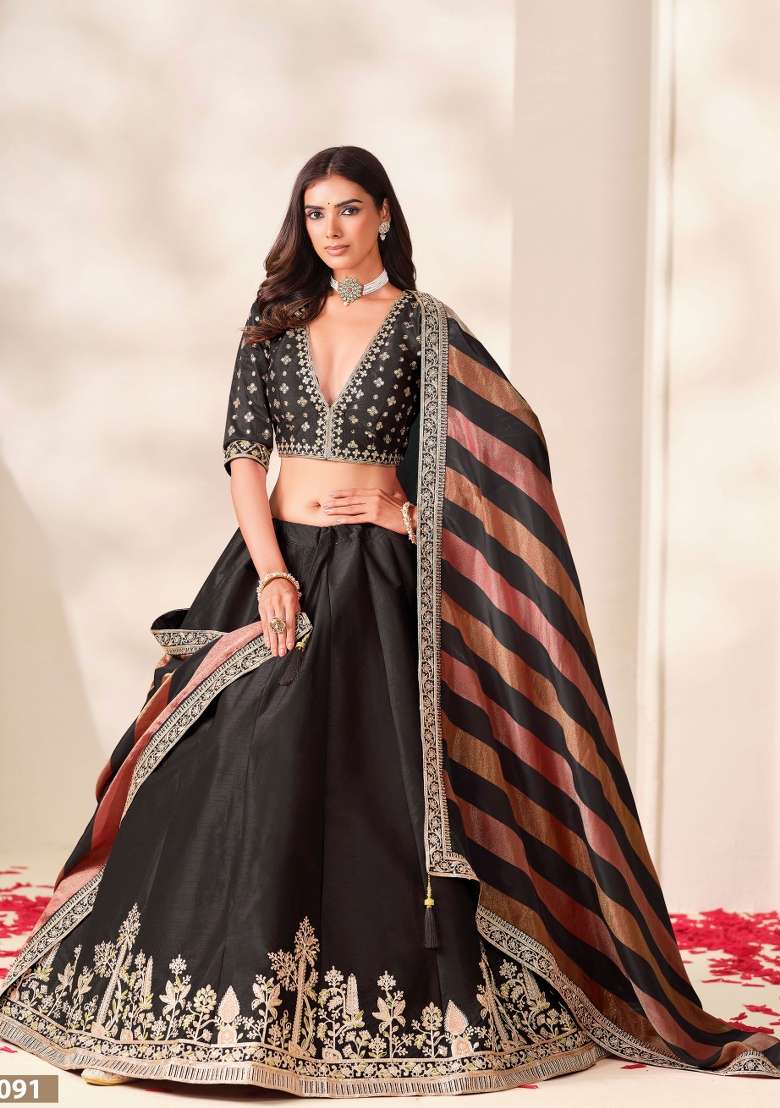 Black Embroidery Silk Lehenga Set - Indya