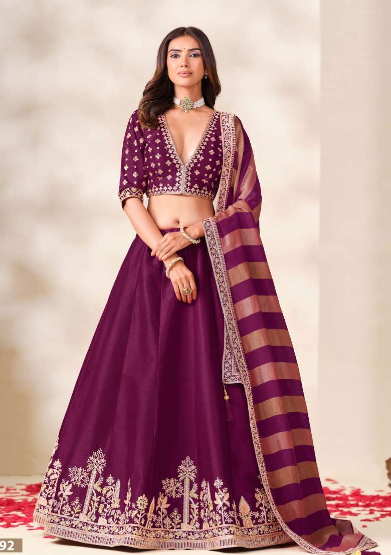 Wine Embroidery Silk Lehenga Set - Indya