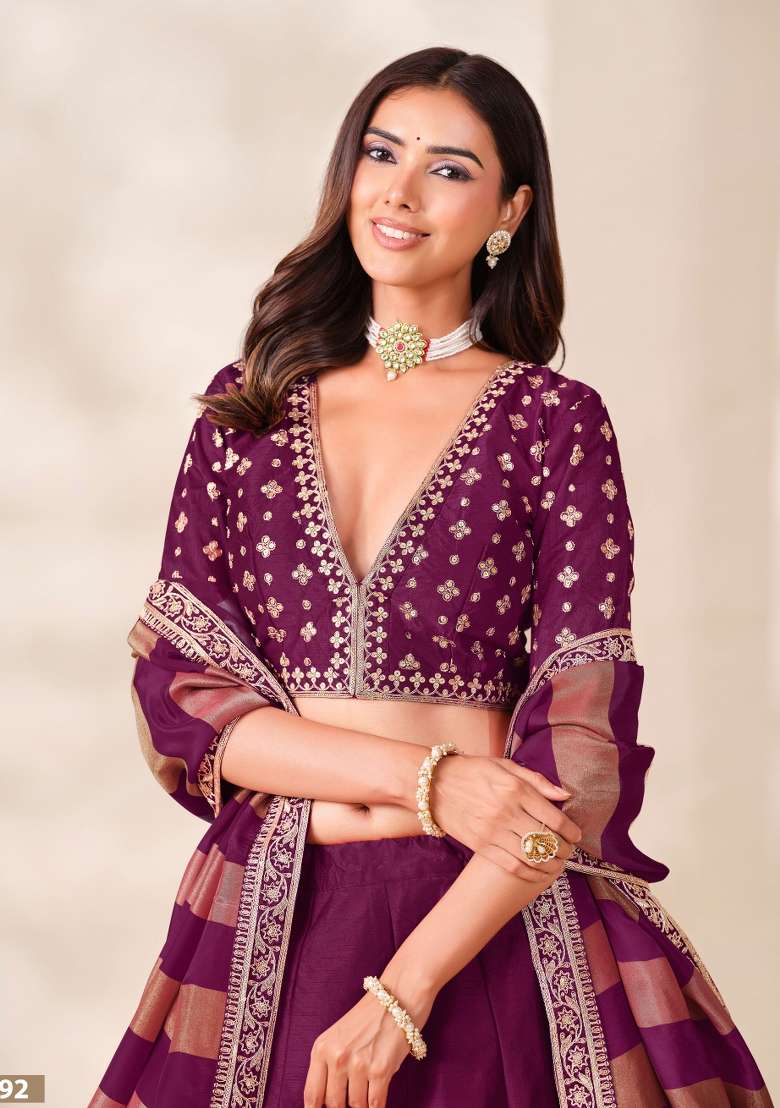 Wine Embroidery Silk Lehenga Set - Indya