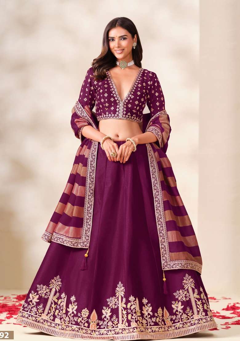 Wine Embroidery Silk Lehenga Set - Indya