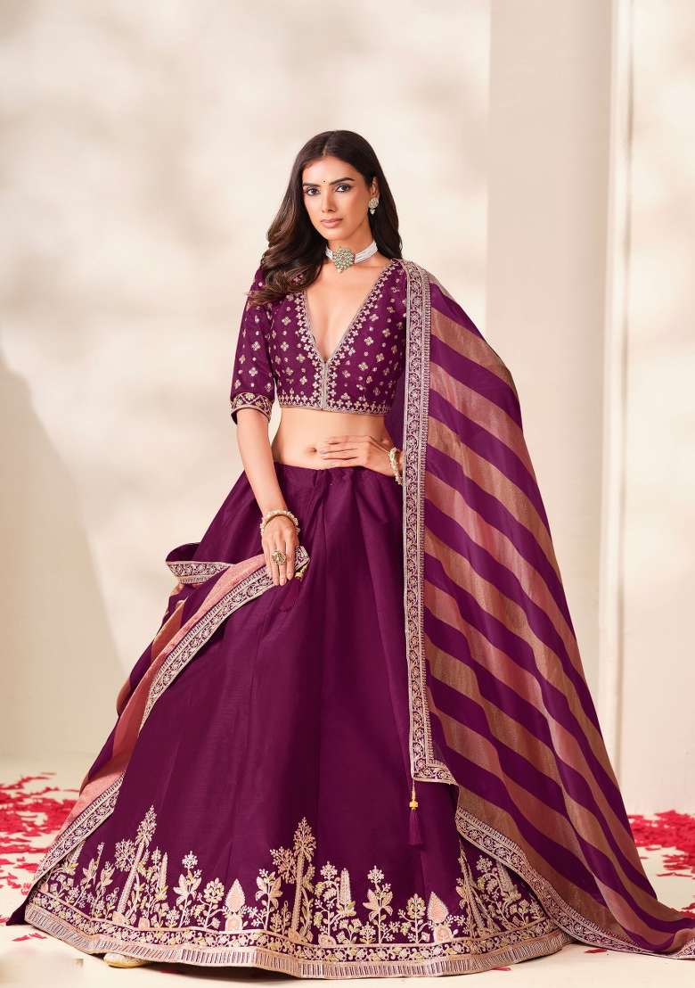 Wine Embroidery Silk Lehenga Set - Indya