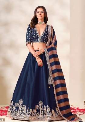 Navy Blue Embroidery Silk Lehenga Set