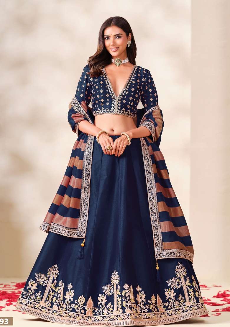 Navy Blue Embroidery Silk Lehenga Set - Indya