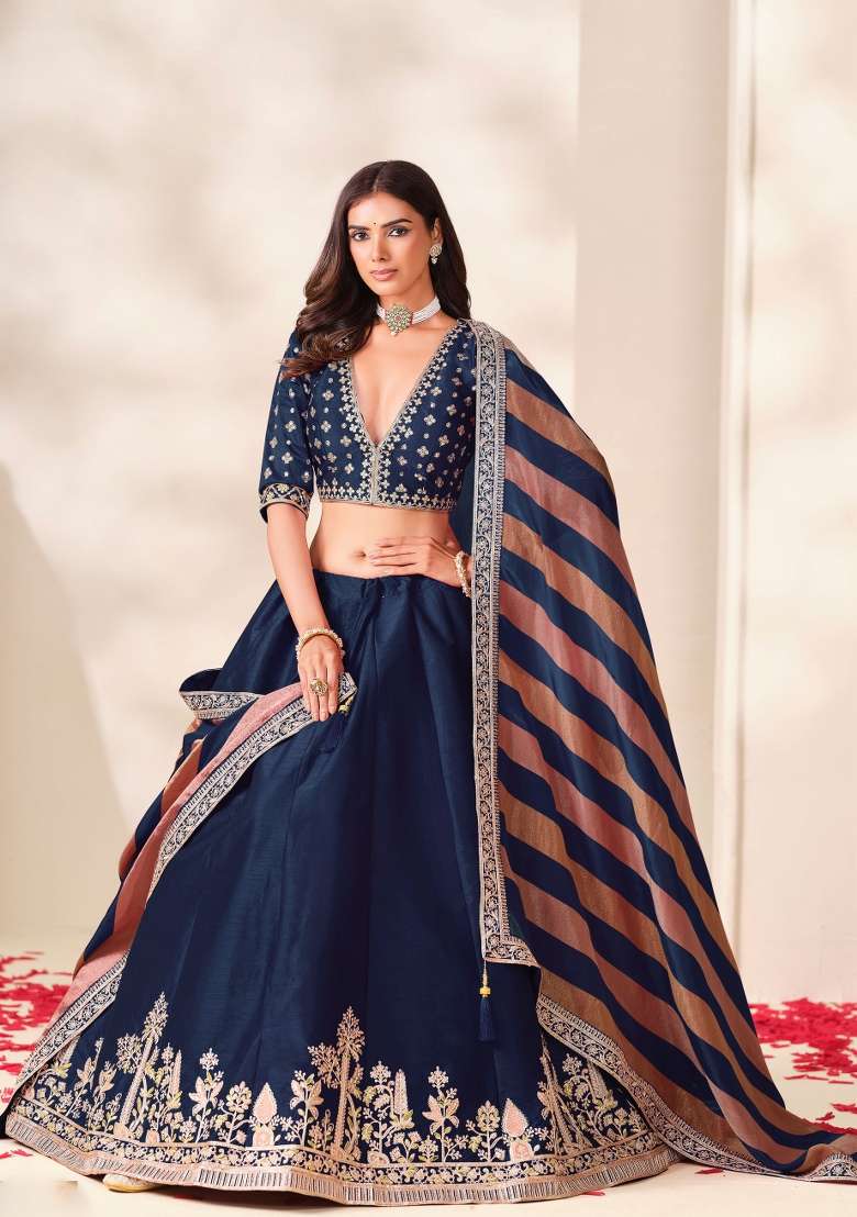Navy Blue Embroidery Silk Lehenga Set - Indya