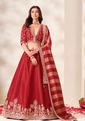 Red Embroidery Silk Lehenga Set