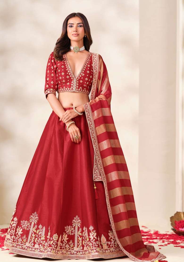 Red Embroidery Silk Lehenga Set - Indya