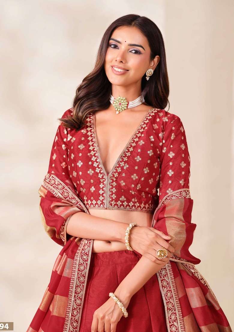 Red Embroidery Silk Lehenga Set - Indya