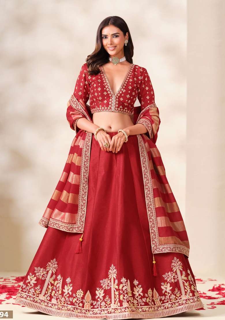 Red Embroidery Silk Lehenga Set - Indya