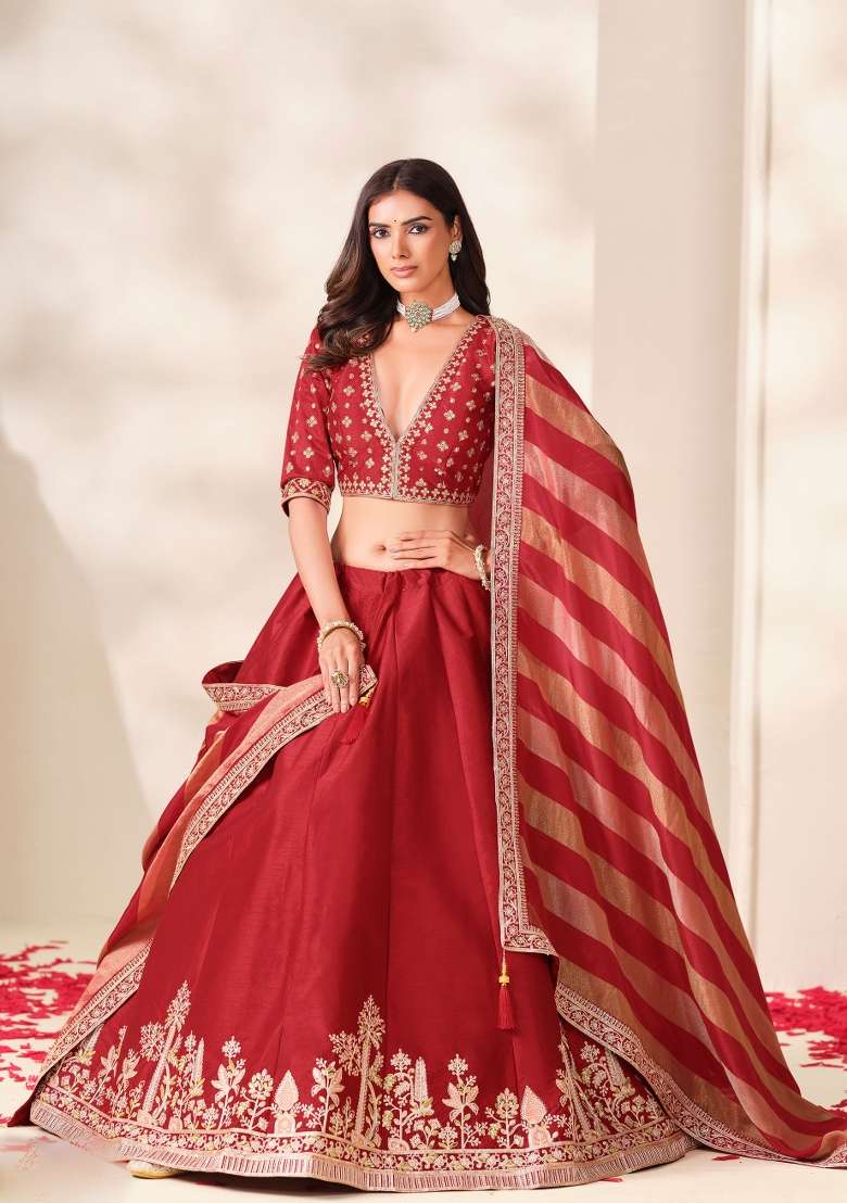 Red Embroidery Silk Lehenga Set - Indya