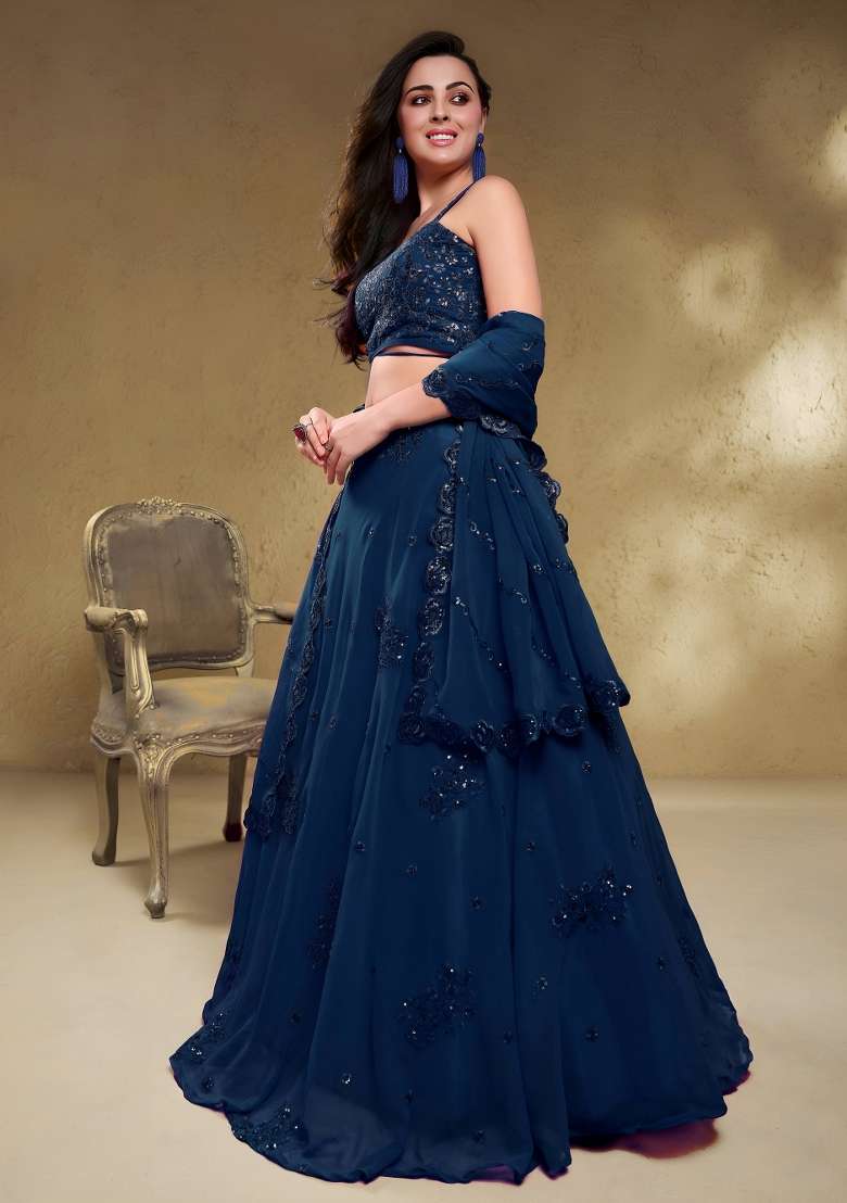 Midnight Blue Embroidery Georgette Lehenga Set - Indya