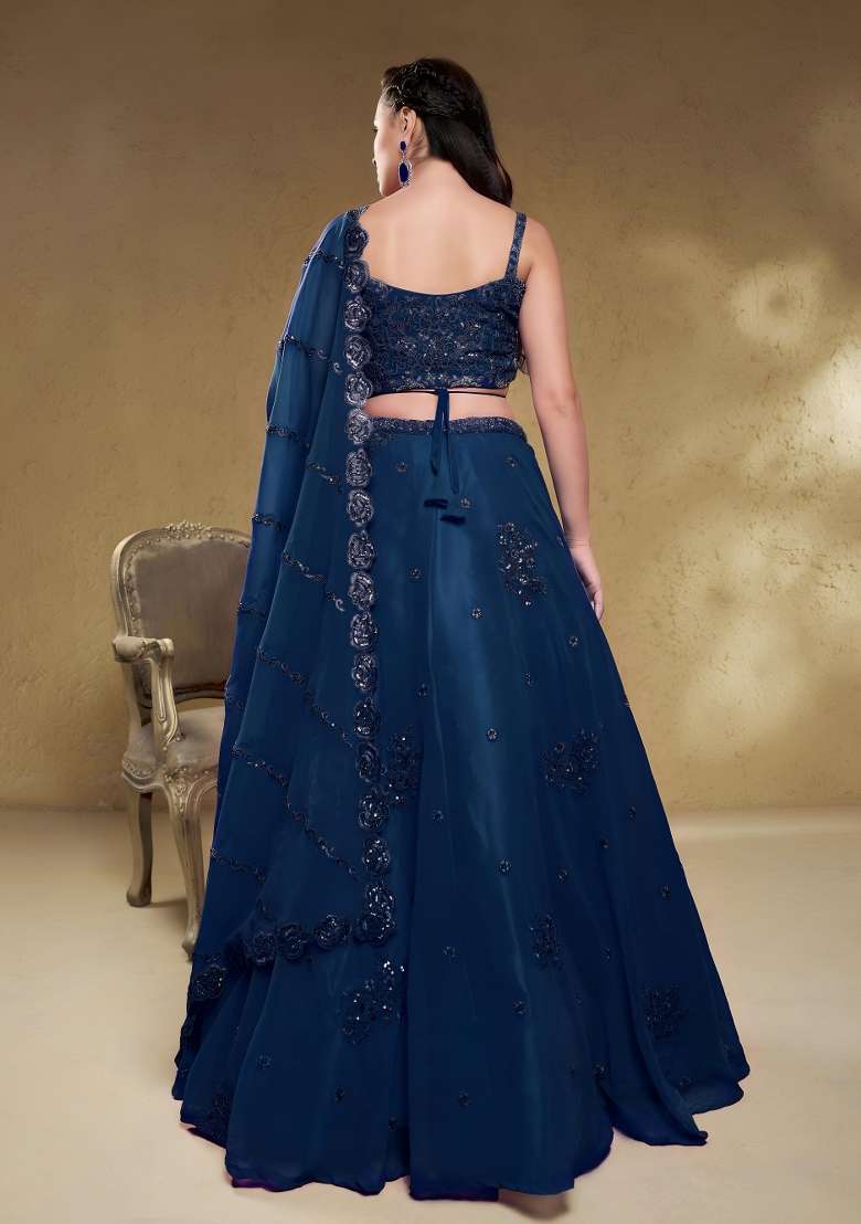 Midnight Blue Embroidery Georgette Lehenga Set - Indya