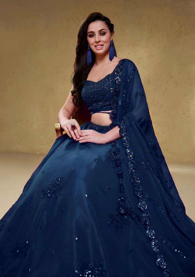 Midnight Blue Embroidery Georgette Lehenga Set - Indya