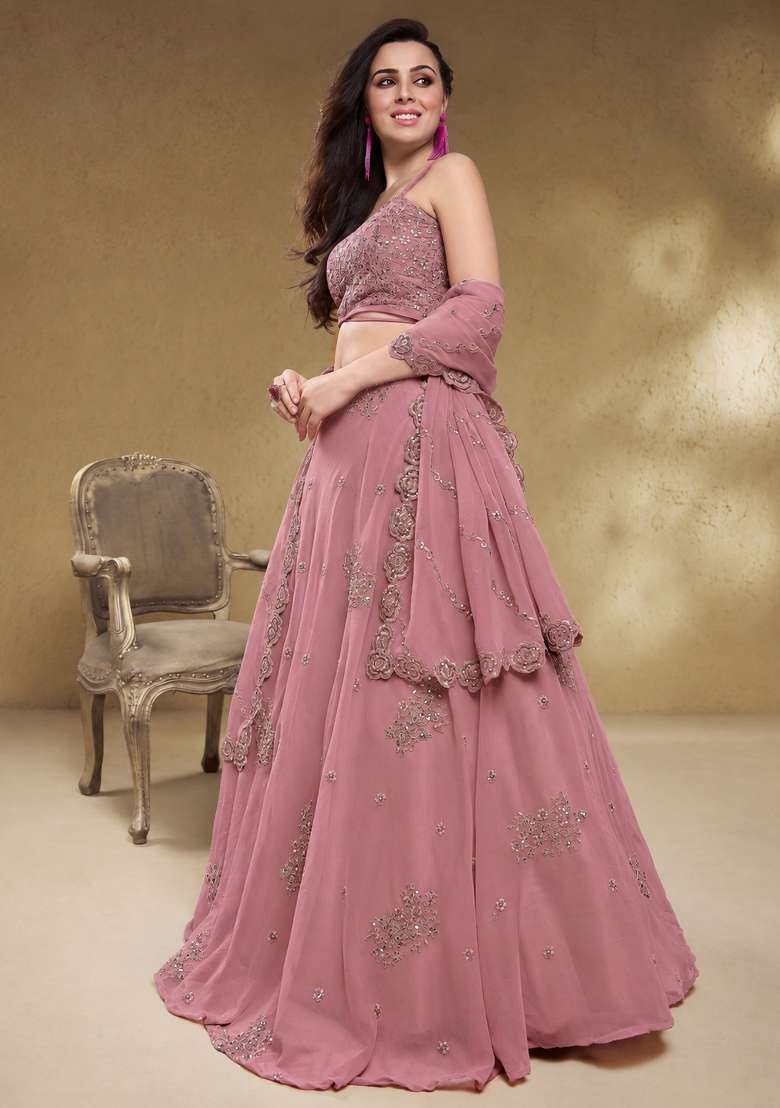 Dusty Rose Embroidery Georgette Lehenga Set - Indya
