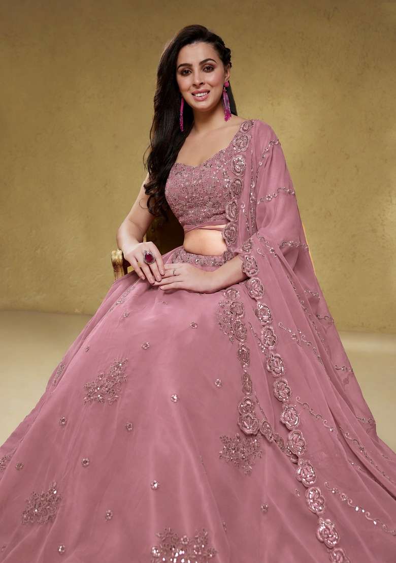 Dusty Rose Embroidery Georgette Lehenga Set - Indya