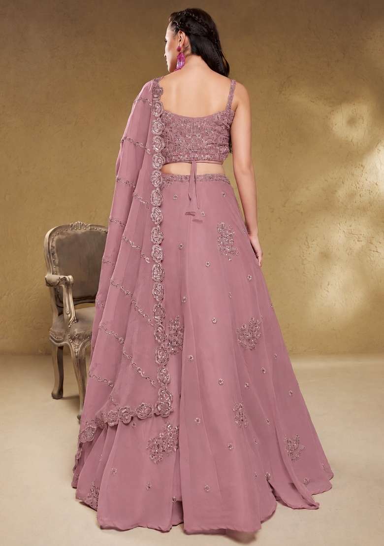 Dusty Rose Embroidery Georgette Lehenga Set - Indya