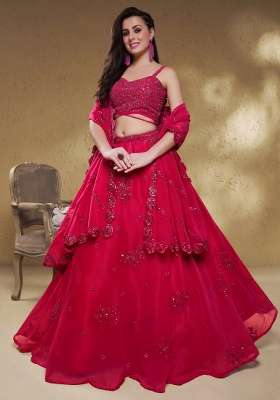 Raspberry Pink Embroidery Georgette Lehenga Set
