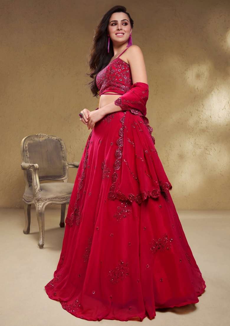 Raspberry Pink Embroidery Georgette Lehenga Set - Indya