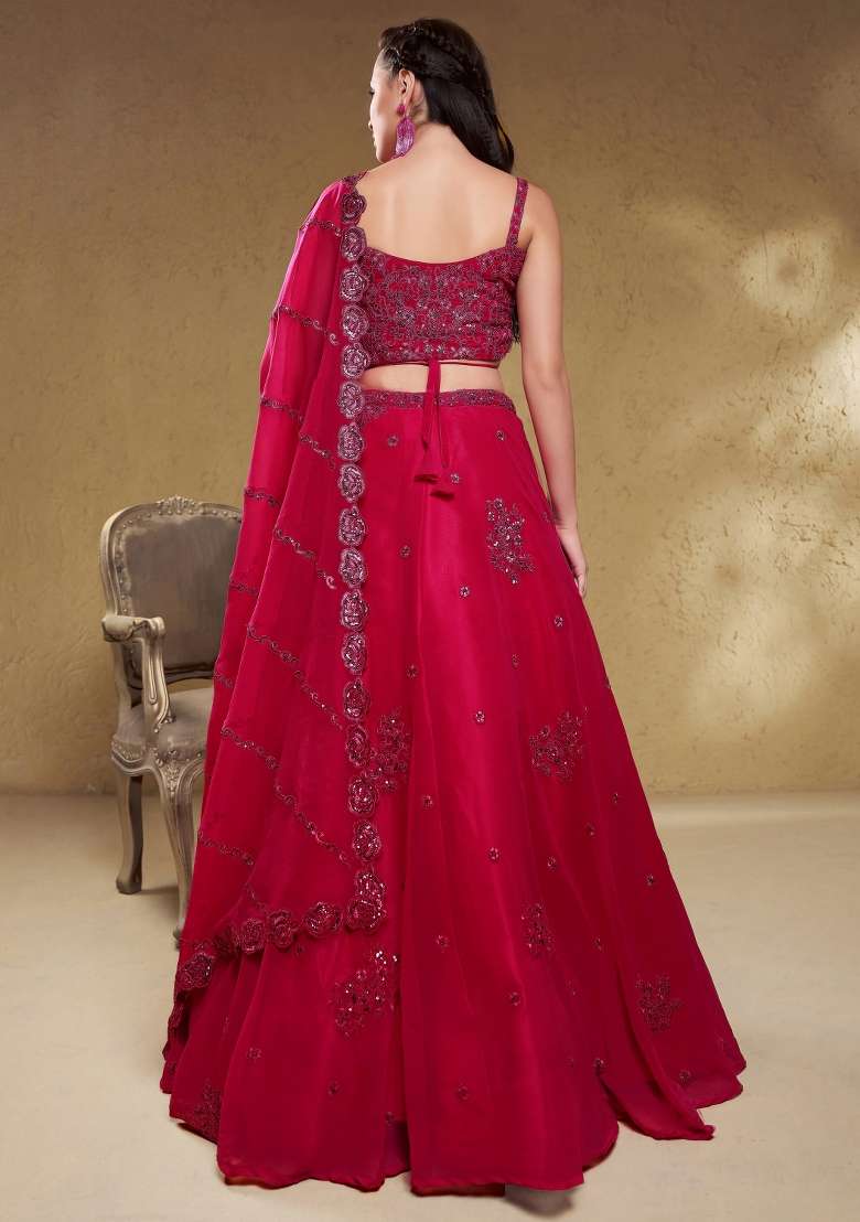 Raspberry Pink Embroidery Georgette Lehenga Set - Indya