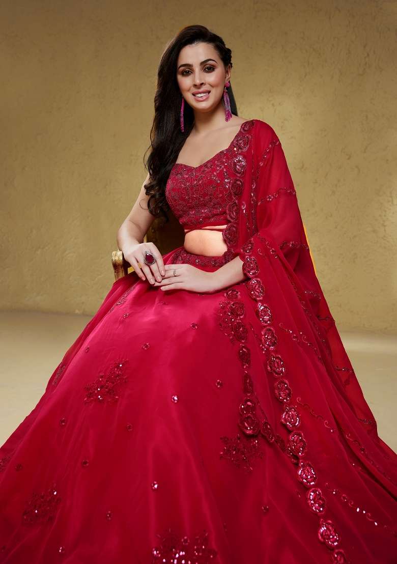 Raspberry Pink Embroidery Georgette Lehenga Set - Indya